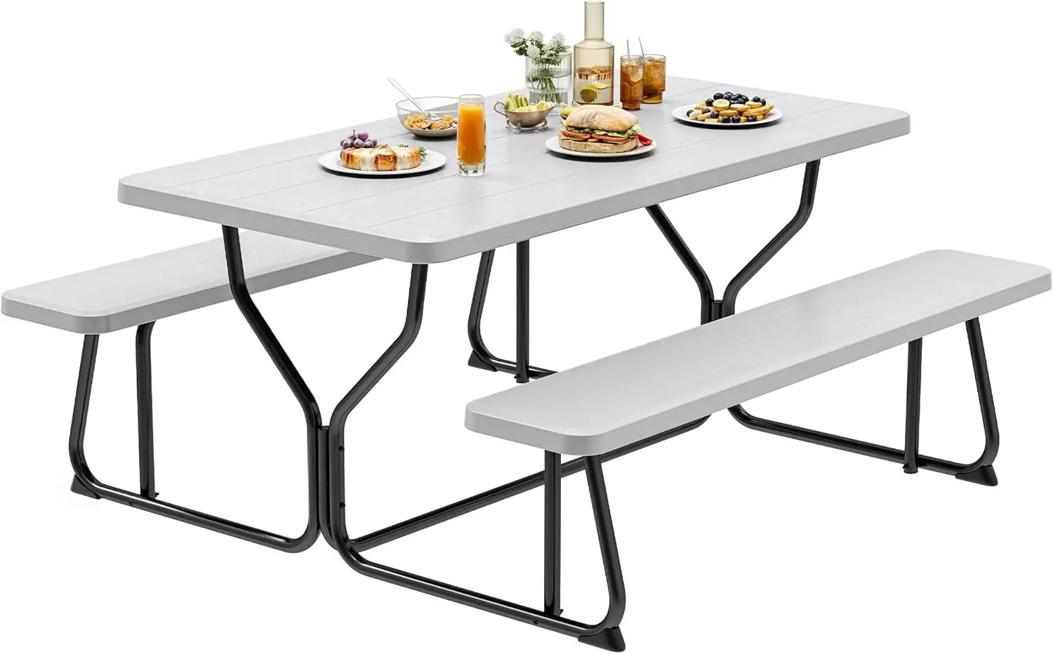 Picnic Table Heavy Duty Outdoor Picnic Table and Bench with Weather Resistant Resin Tabletop & Stable Steel Frame