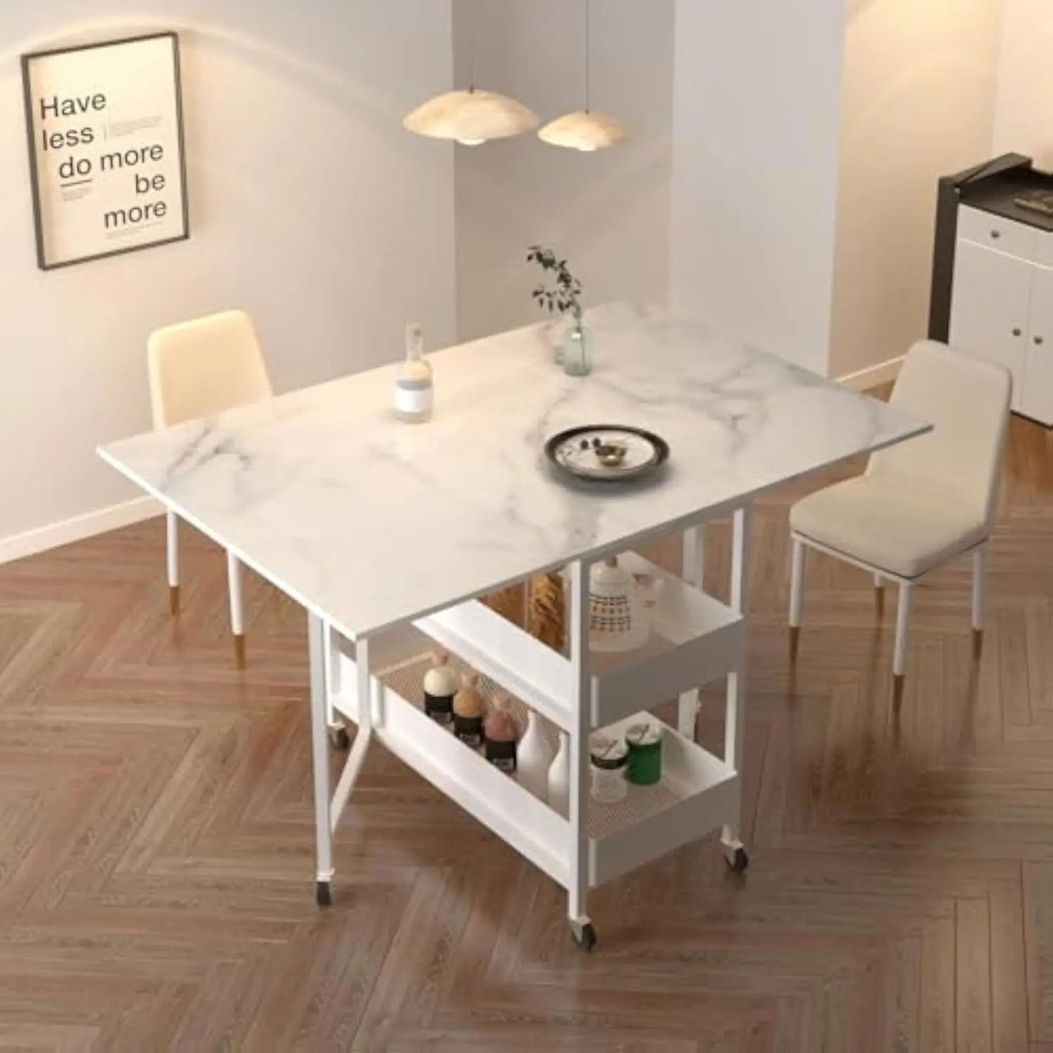 Folding Dining Table - Extendable, Space-Saving, Drop Leaf Design with 6 Wheels, Multipurpose for Small Spaces (White)