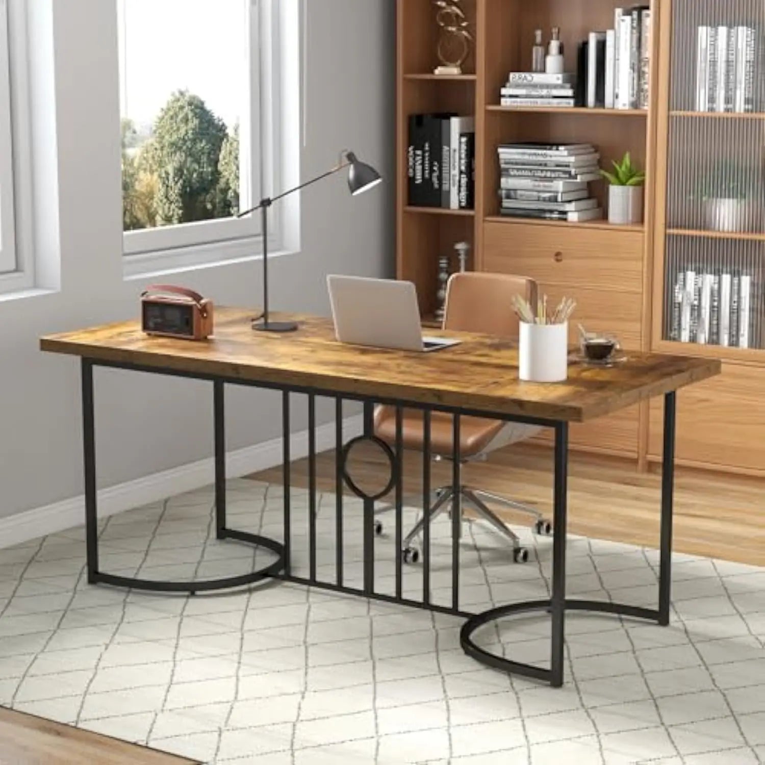 71” Rectangular Dining Table for 6-8 People, Industrial Kitchen Table with Heavy-Duty Metal Frame, Large Dinner Table for Livi