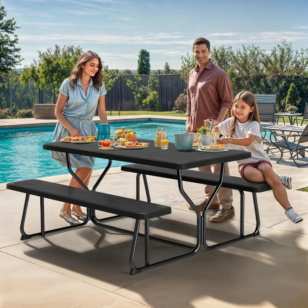 Picnic Table Heavy Duty Outdoor Picnic Table and Bench with Weather Resistant Resin Tabletop & Stable Steel Frame