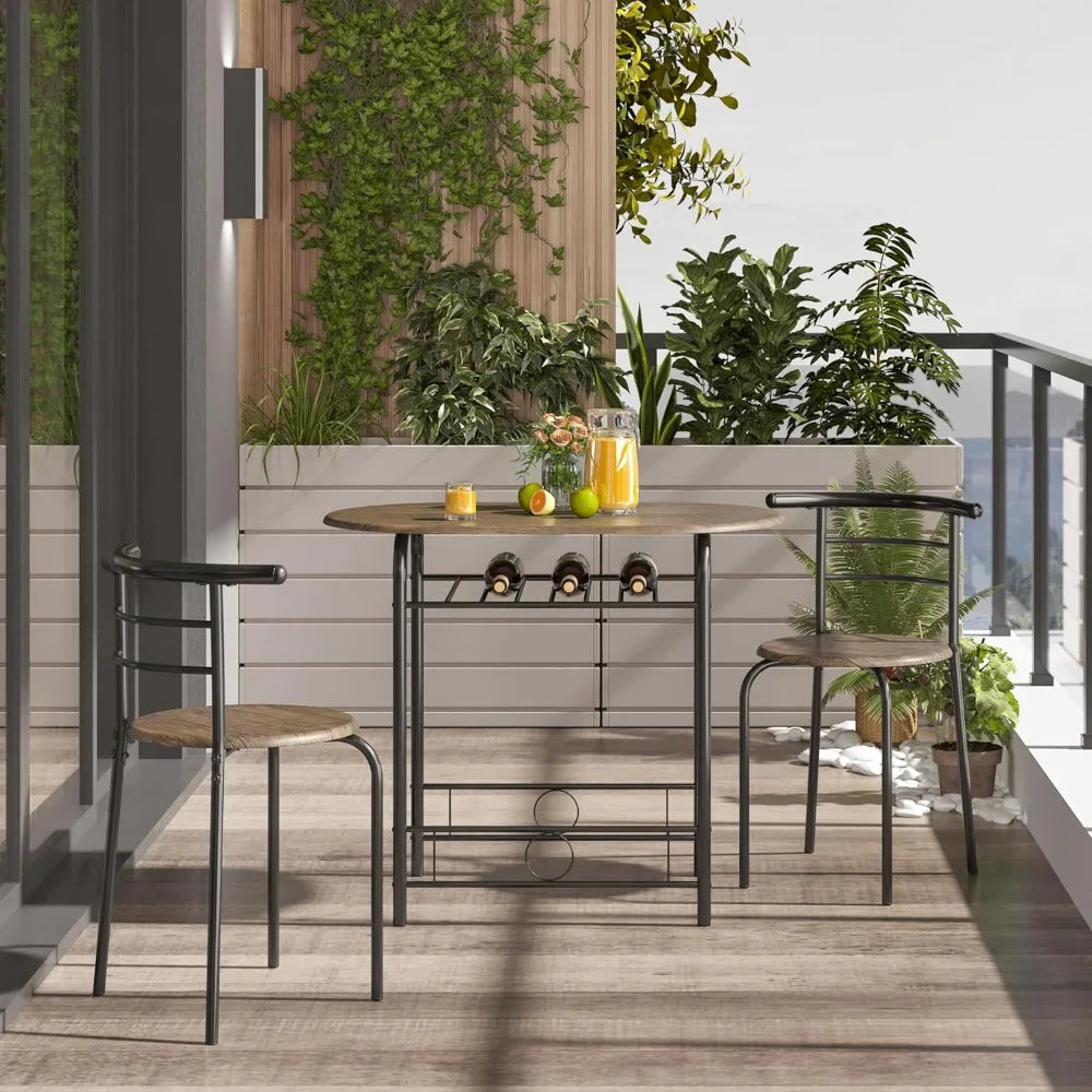 3 Piece Dining Table Set, Kitchen Table & Chair Sets for 2, Compact Bistro Table Set with Steel Legs, Built-in Wine Rack