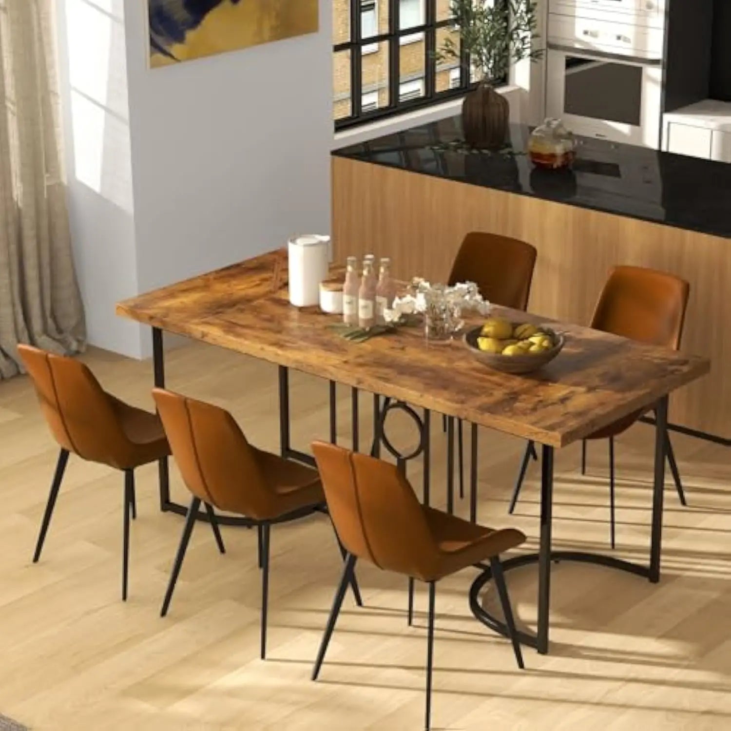 71” Rectangular Dining Table for 6-8 People, Industrial Kitchen Table with Heavy-Duty Metal Frame, Large Dinner Table for Livi