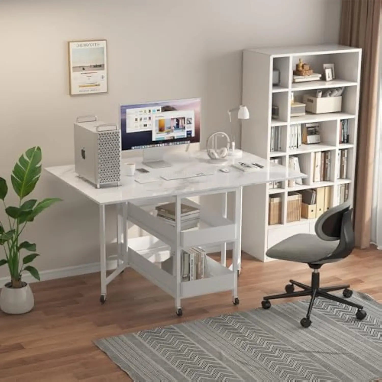 Folding Dining Table - Extendable, Space-Saving, Drop Leaf Design with 6 Wheels, Multipurpose for Small Spaces (White)