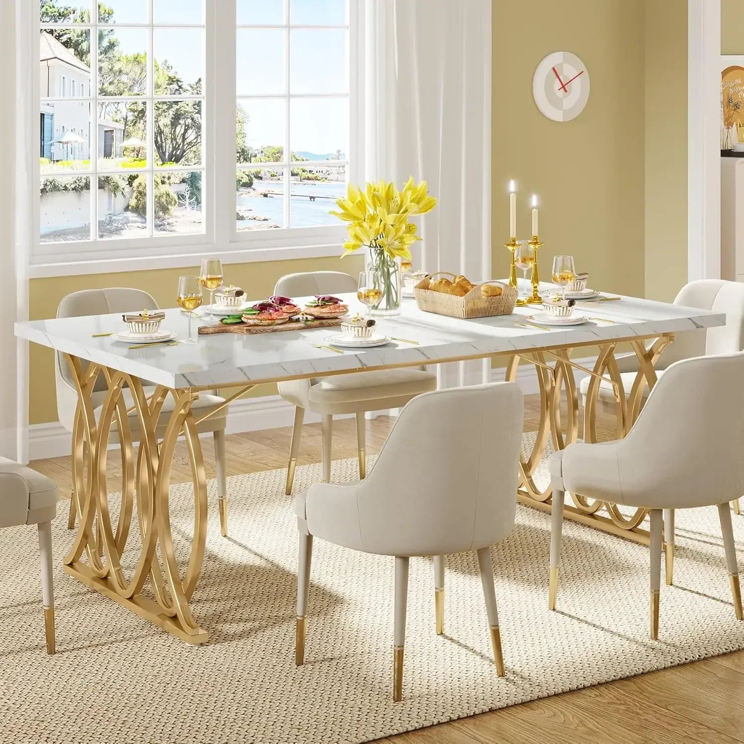 Unique Rectangular Dinner Table Kitchen & Dining Room Furniture with Faux Marble Tabletop and Geometric Legs