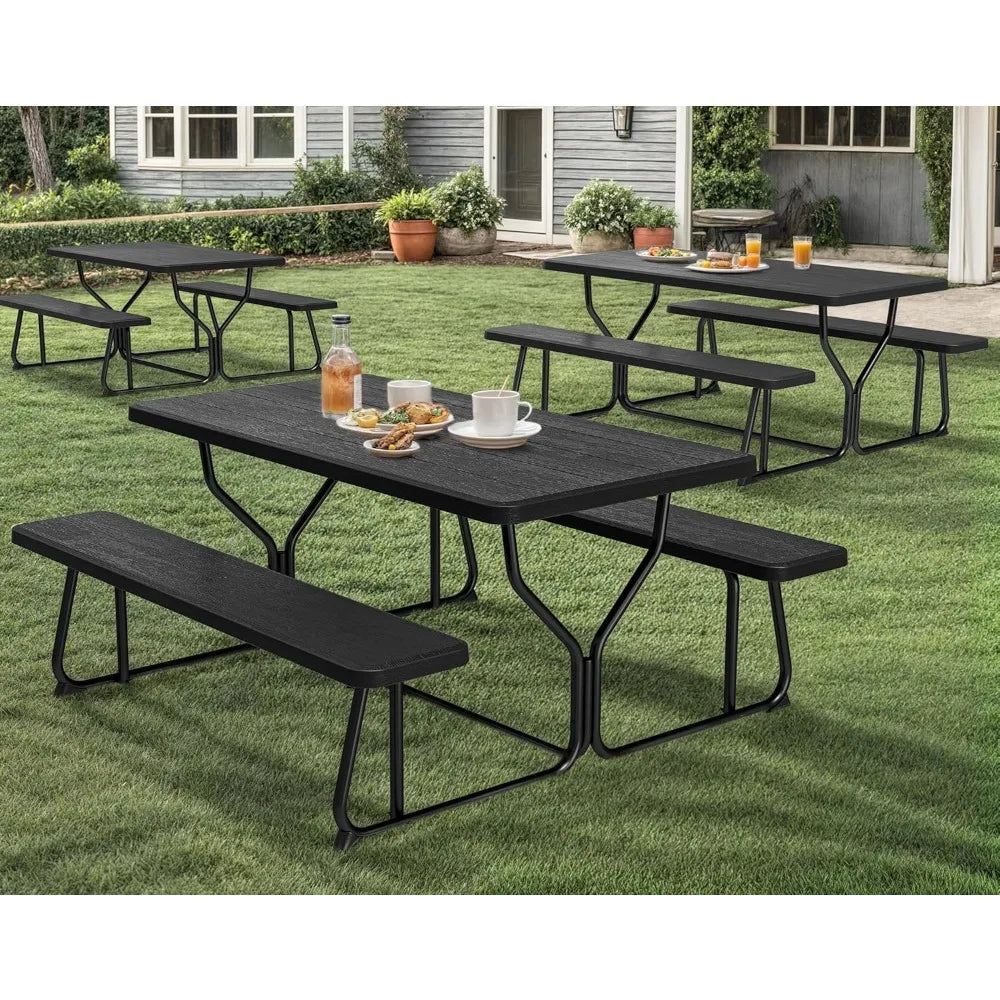 Picnic Table Heavy Duty Outdoor Picnic Table and Bench with Weather Resistant Resin Tabletop & Stable Steel Frame