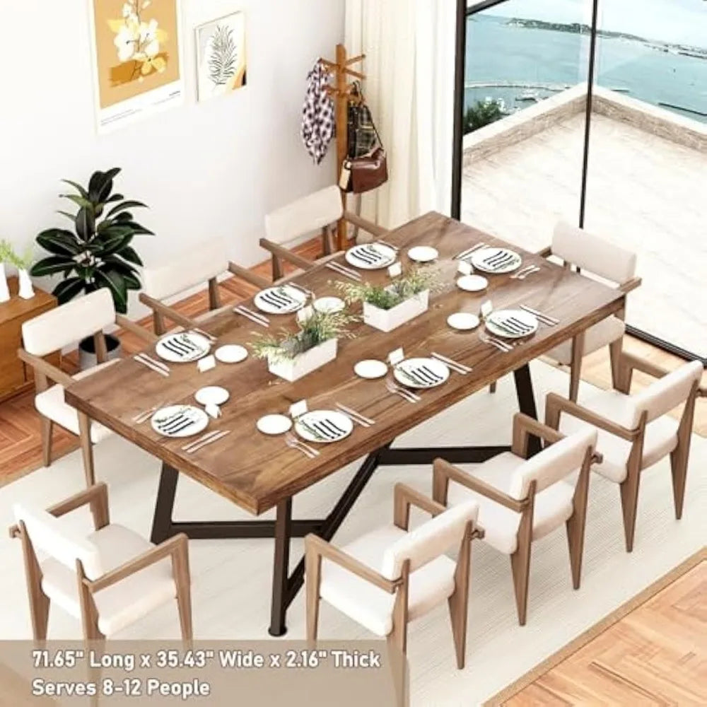 72" Large Solid Wood Dining Table 6FT Waterproof Rectangular Brown Kitchen Dinner Tables w/Adjustable Heavy Duty Metal Leg
