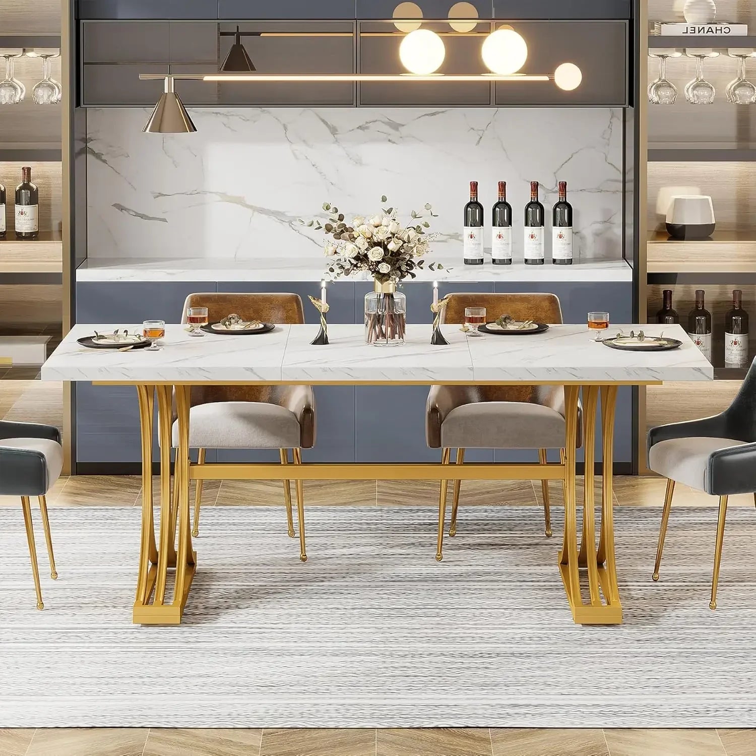 63-Inch Rectangular Dining Table for 4 to 6, Kitchen Tables for Dining Room, Modern Dinner Table with Faux Marble Table Top and