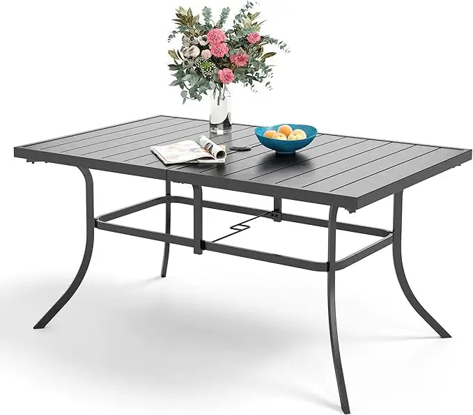 Outdoor Patio Table for 6 People, Rectangular Metal Patio Outdoor Dining Table, Black Steel Slatted Weather-Resistant Table with