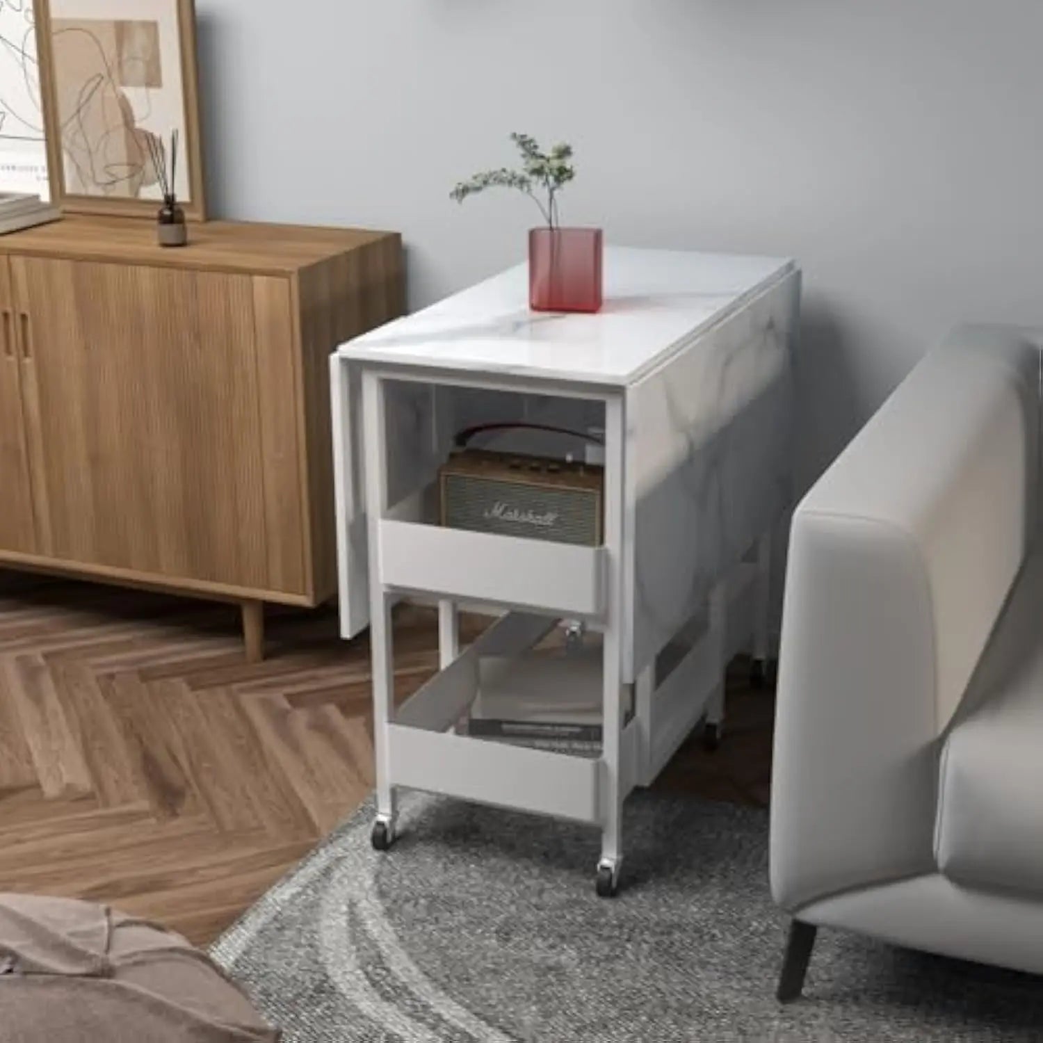 Folding Dining Table - Extendable, Space-Saving, Drop Leaf Design with 6 Wheels, Multipurpose for Small Spaces (White)