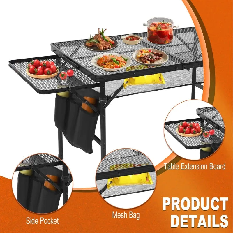 Folding Camping Table, Portable Grill Table, Outdoor Dining Table, Metal Picnic Table for Cooking, BBQ, Beach Party