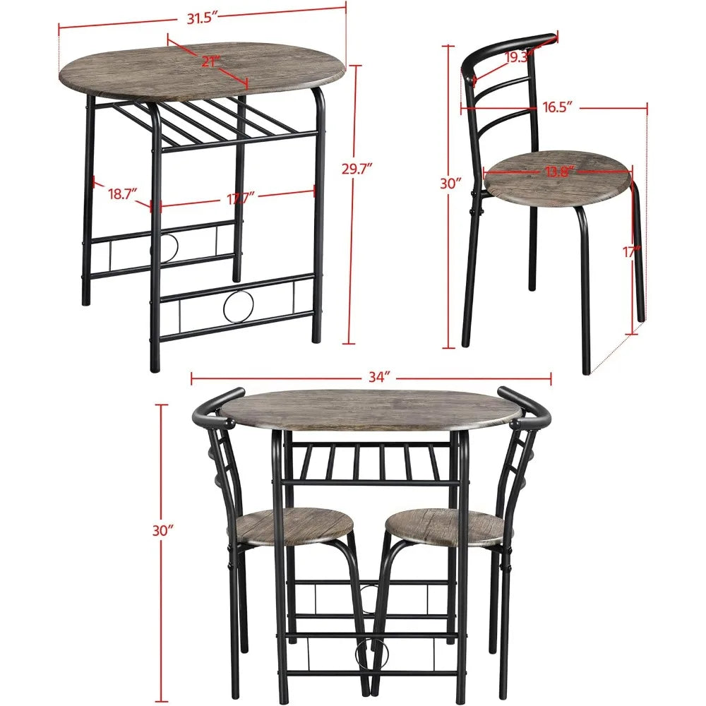 3 Piece Dining Table Set, Kitchen Table & Chair Sets for 2, Compact Bistro Table Set with Steel Legs, Built-in Wine Rack
