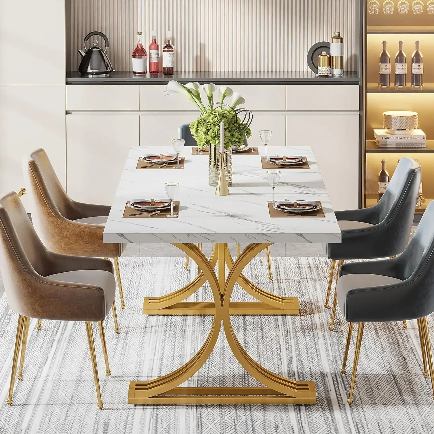 63-Inch Rectangular Dining Table for 4 to 6, Kitchen Tables for Dining Room, Modern Dinner Table with Faux Marble Table Top and