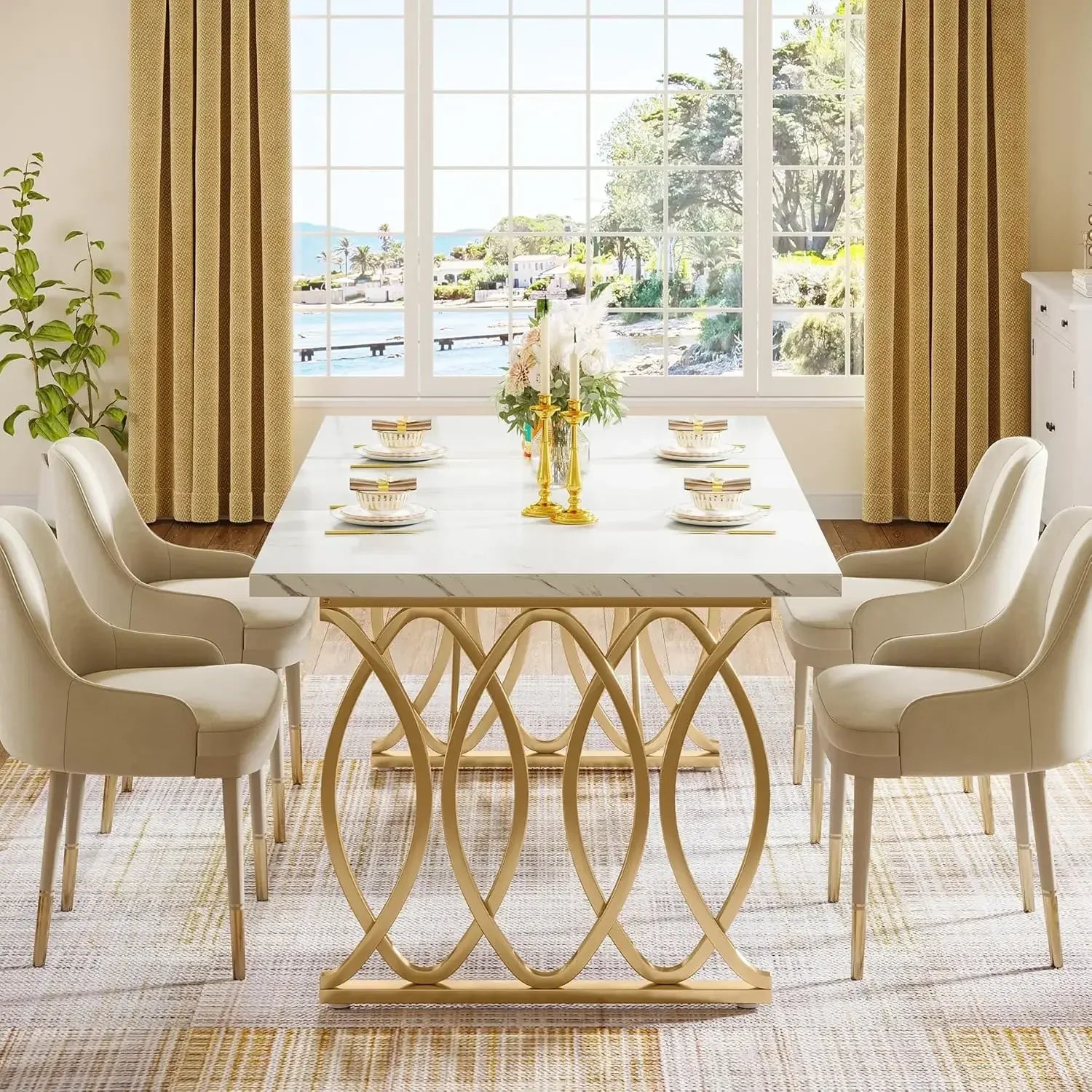 Unique Rectangular Dinner Table Kitchen & Dining Room Furniture with Faux Marble Tabletop and Geometric Legs