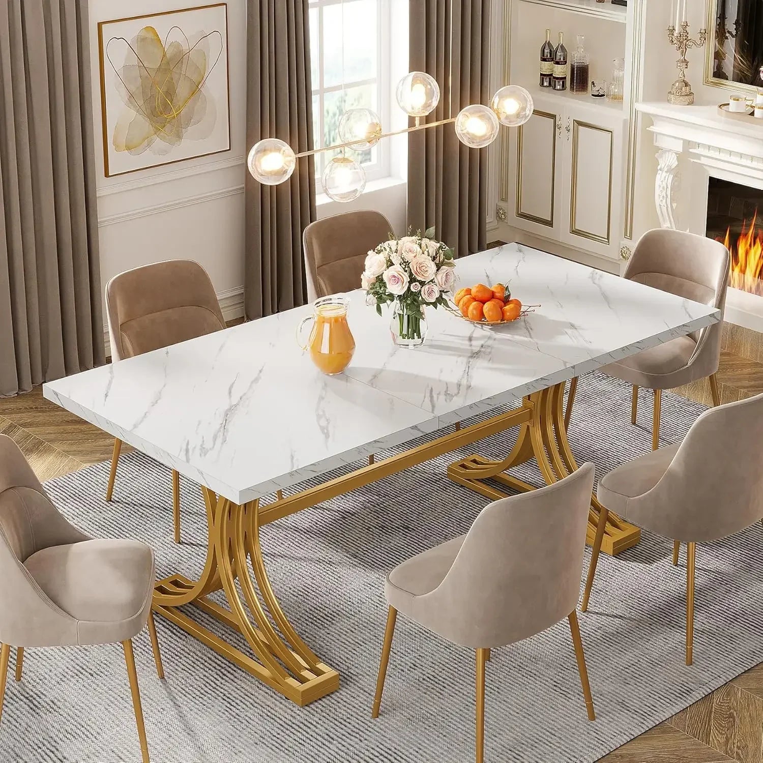 63-Inch Rectangular Dining Table for 4 to 6, Kitchen Tables for Dining Room, Modern Dinner Table with Faux Marble Table Top and