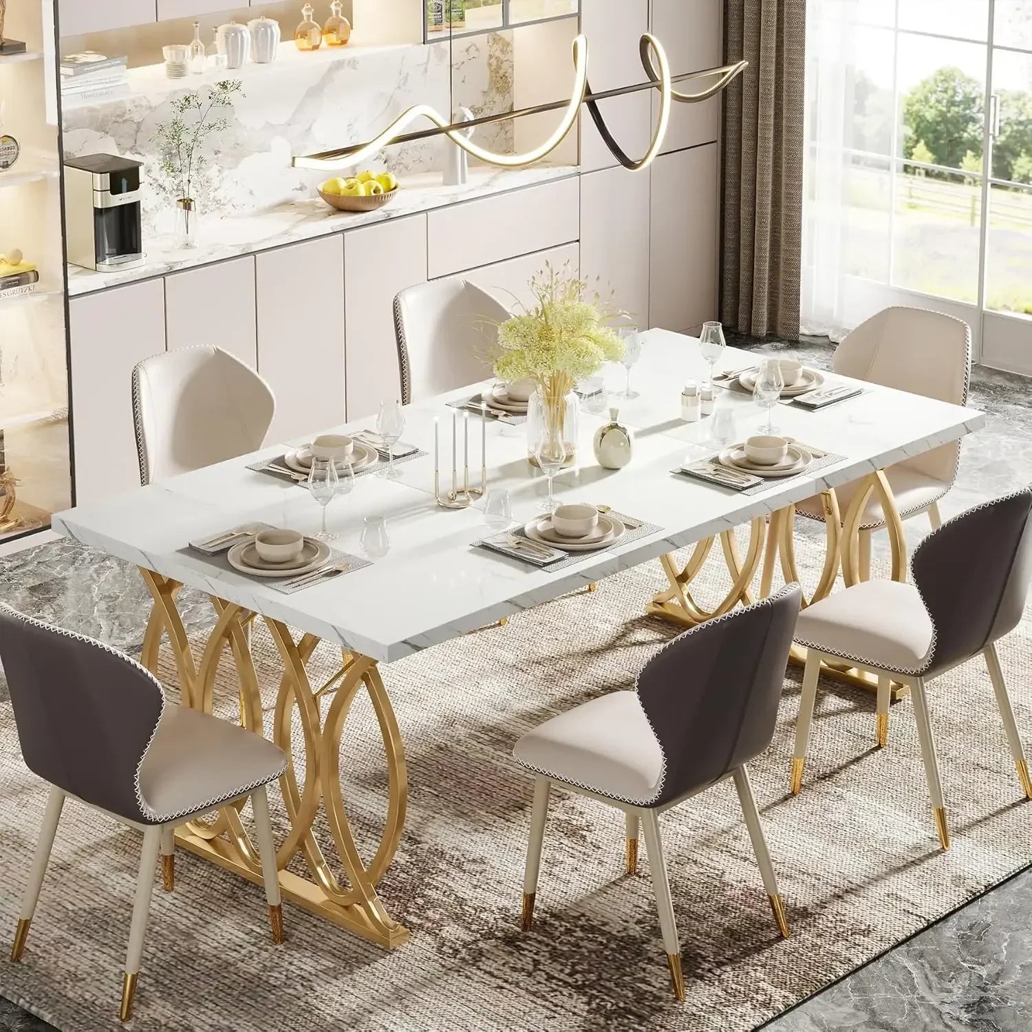 Unique Rectangular Dinner Table Kitchen & Dining Room Furniture with Faux Marble Tabletop and Geometric Legs
