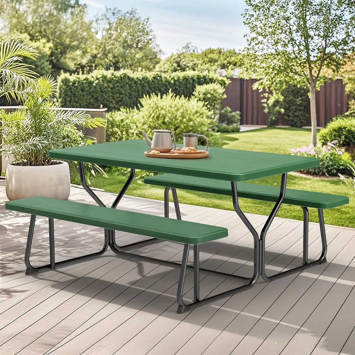 Picnic Table Heavy Duty Outdoor Picnic Table and Bench with Weather Resistant Resin Tabletop & Stable Steel Frame
