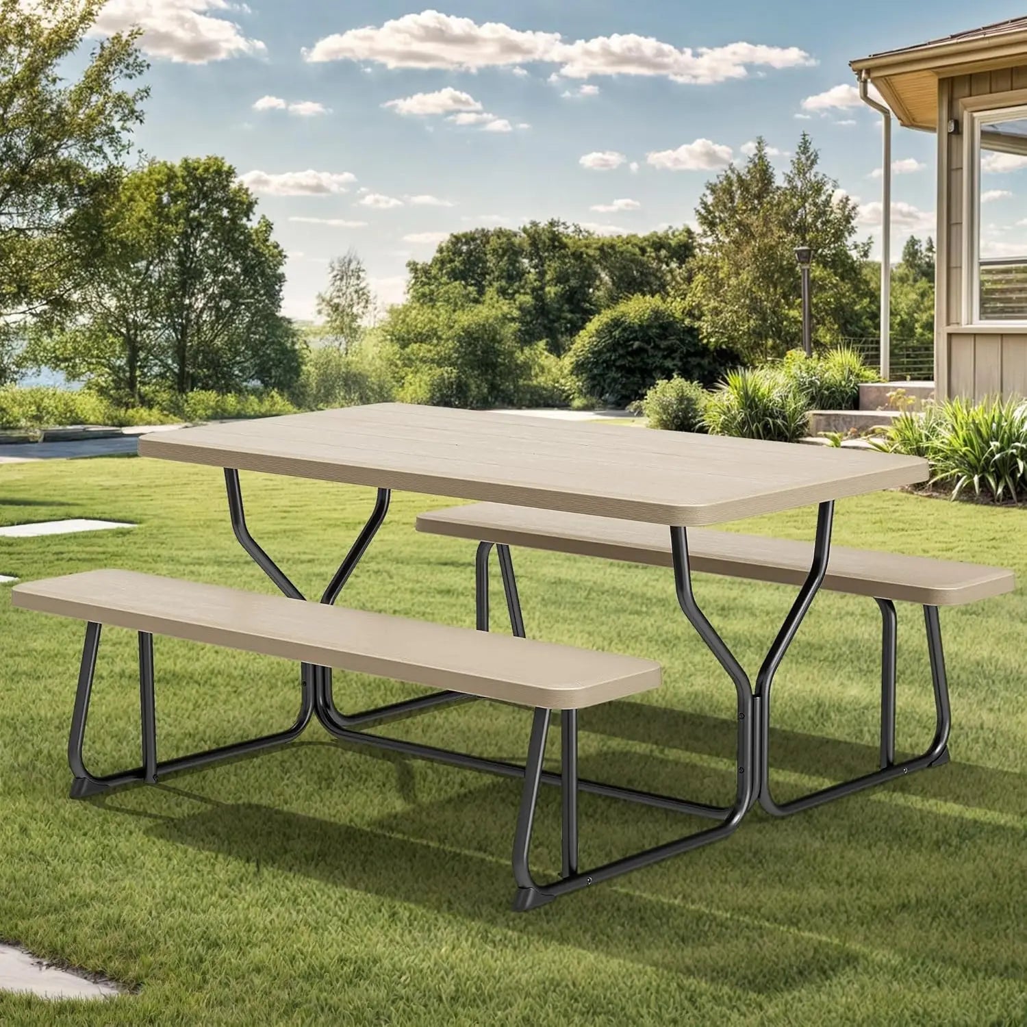 Picnic Table Heavy Duty Outdoor Picnic Table and Bench with Weather Resistant Resin Tabletop & Stable Steel Frame