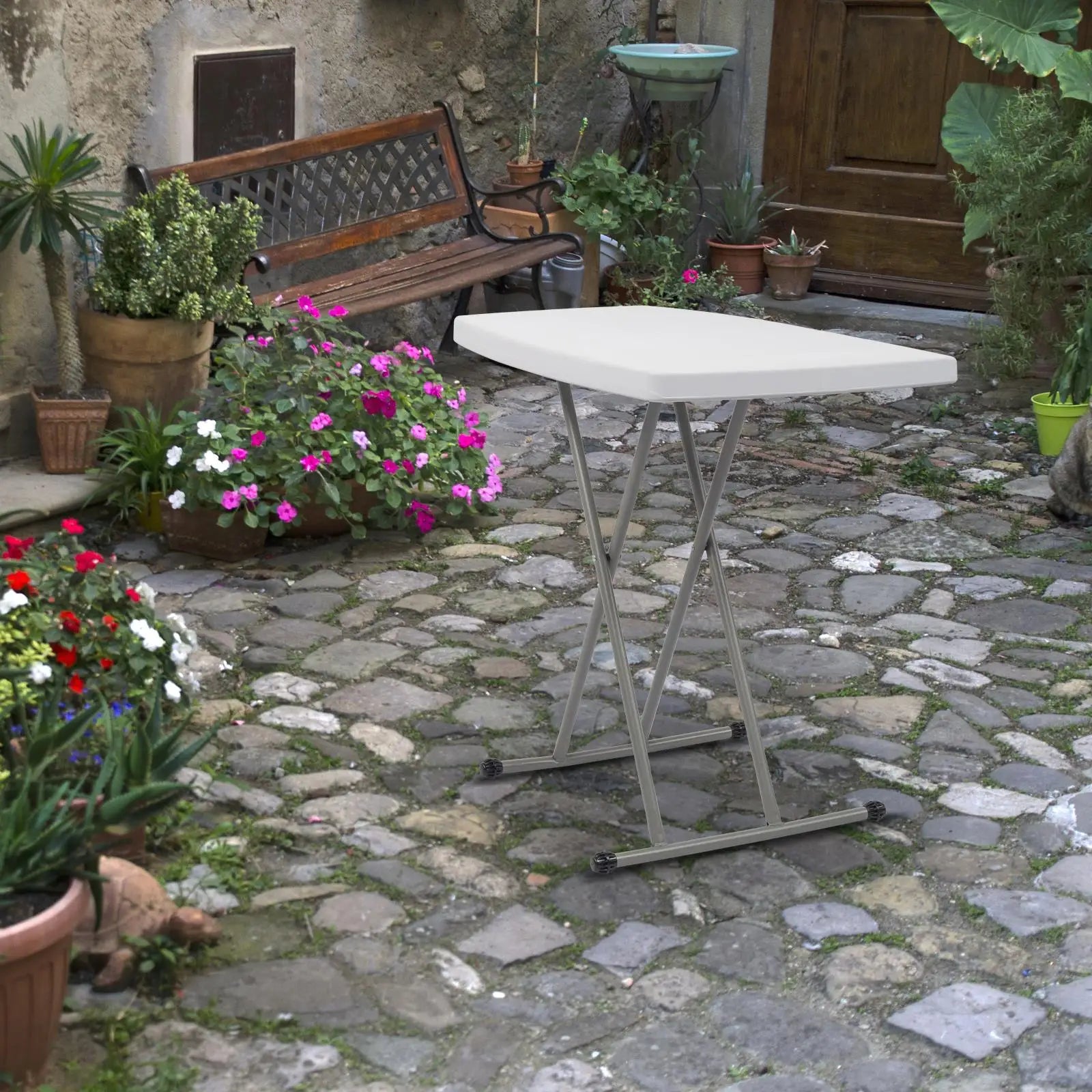 Adjustable White Plastic Garden Table 76x50x70.5cm - Durable & Versatile Outdoor Furniture