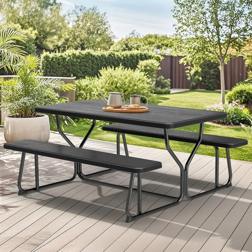 Picnic Table Heavy Duty Outdoor Picnic Table and Bench with Weather Resistant Resin Tabletop & Stable Steel Frame