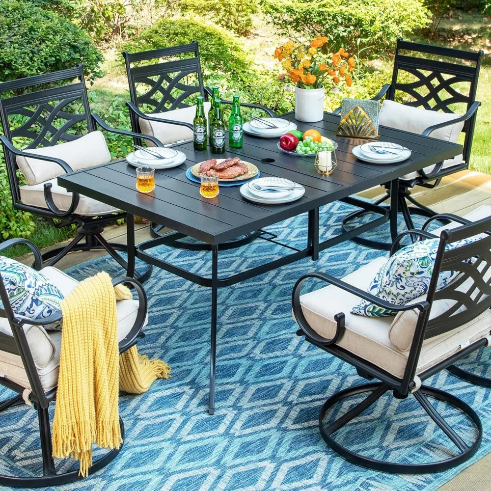 Outdoor Patio Table for 6 People, Rectangular Metal Patio Outdoor Dining Table, Black Steel Slatted Weather-Resistant Table with
