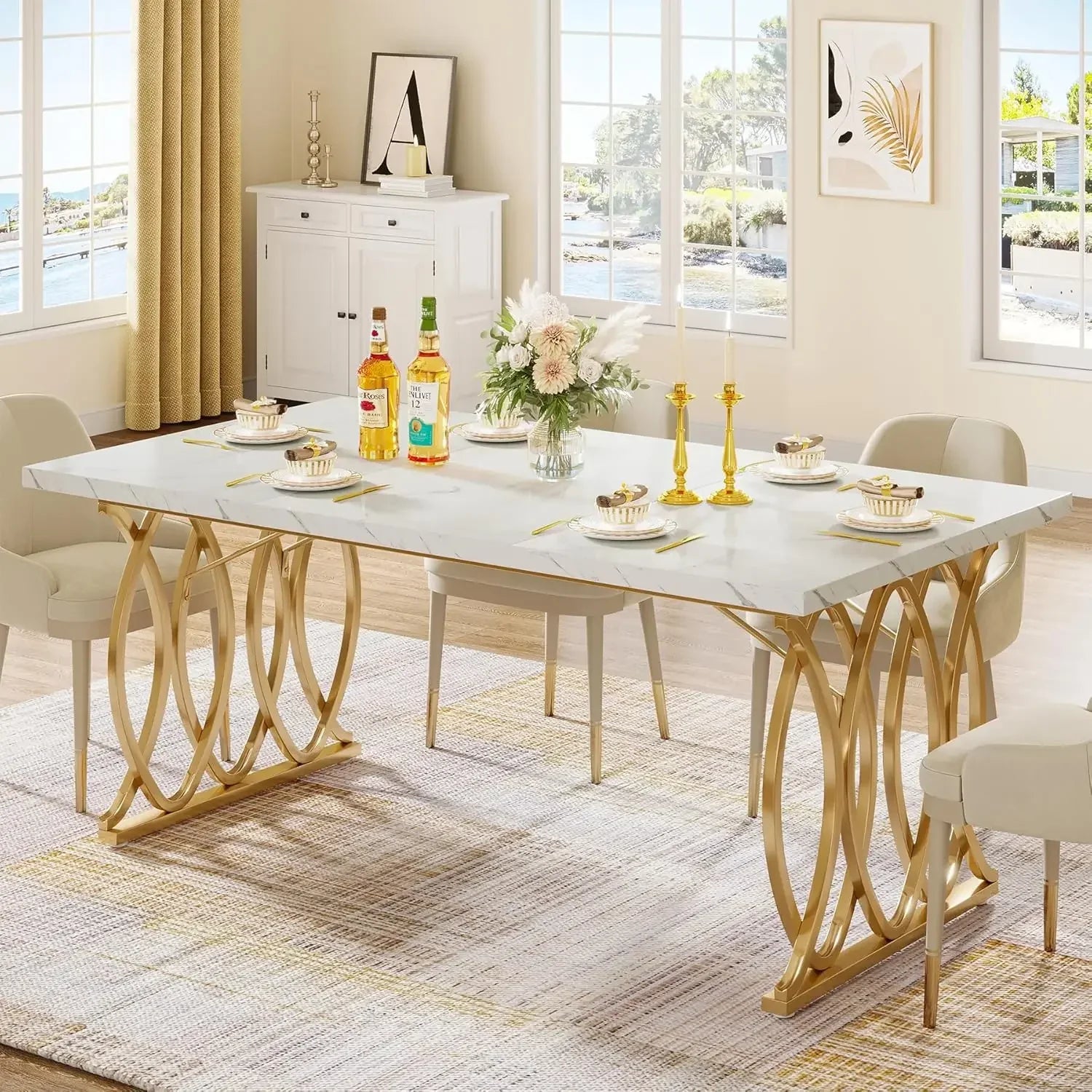Unique Rectangular Dinner Table Kitchen & Dining Room Furniture with Faux Marble Tabletop and Geometric Legs