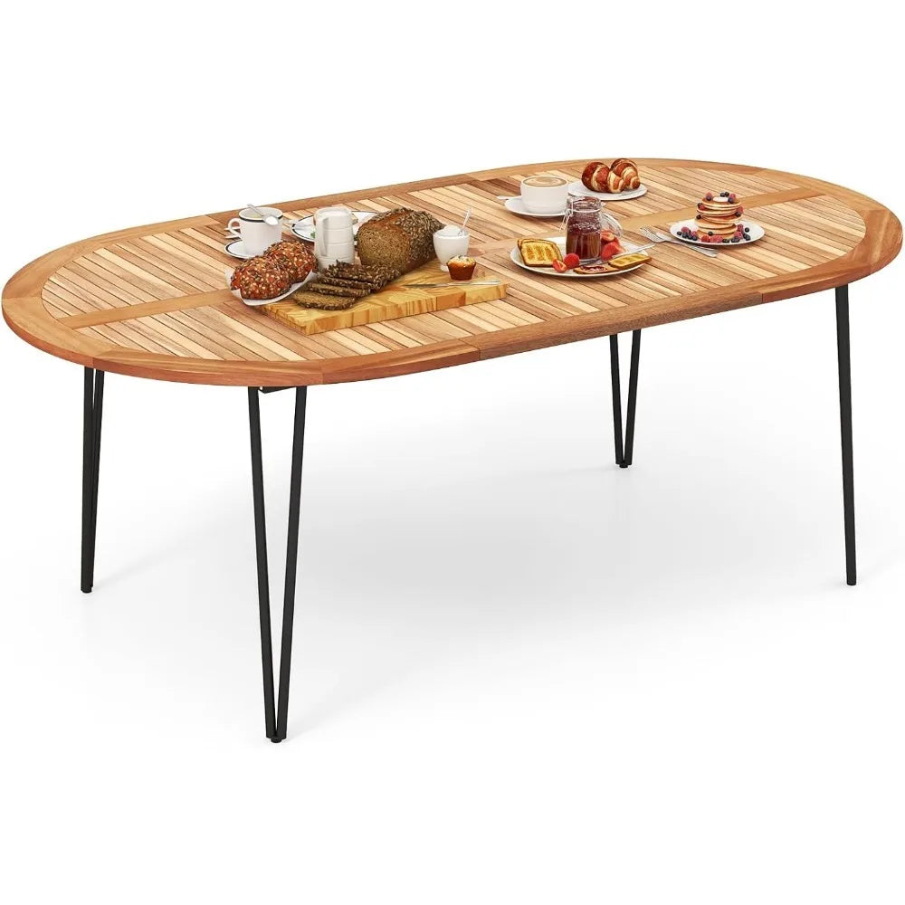 79-Inch Patio Dining Table, Indoor & Outdoor Dining Table w/Umbrella Hole, Acacia Wood Tabletop & Sturdy Metal Legs