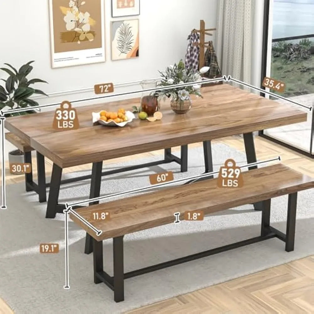 72" Large Solid Wood Dining Table 6FT Waterproof Rectangular Brown Kitchen Dinner Tables w/Adjustable Heavy Duty Metal Leg