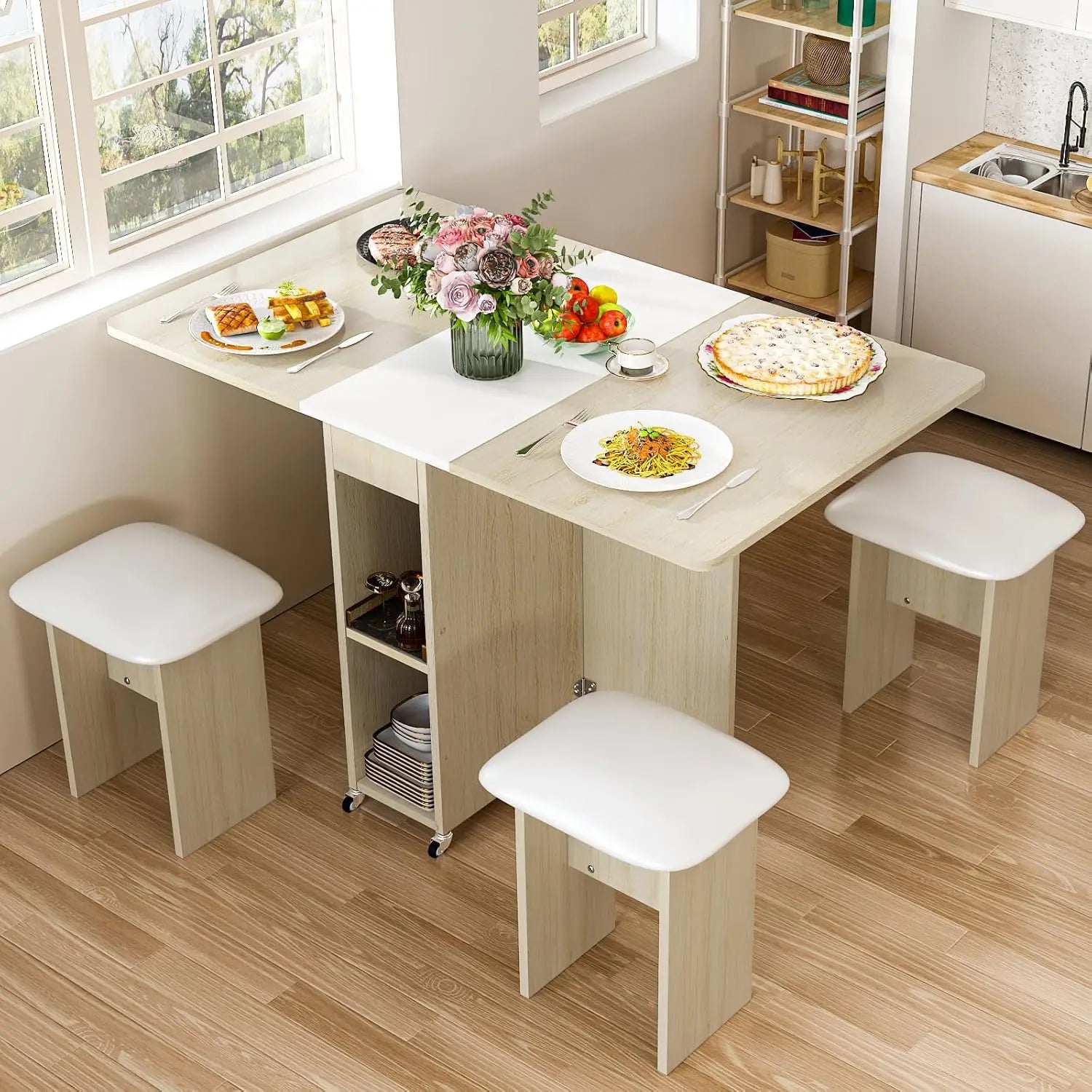 Set for 4, Dinner Table with 4 Leather Chairs and Shelves, Space Saving Foldable Dining with 6 Wheels, Kitchen