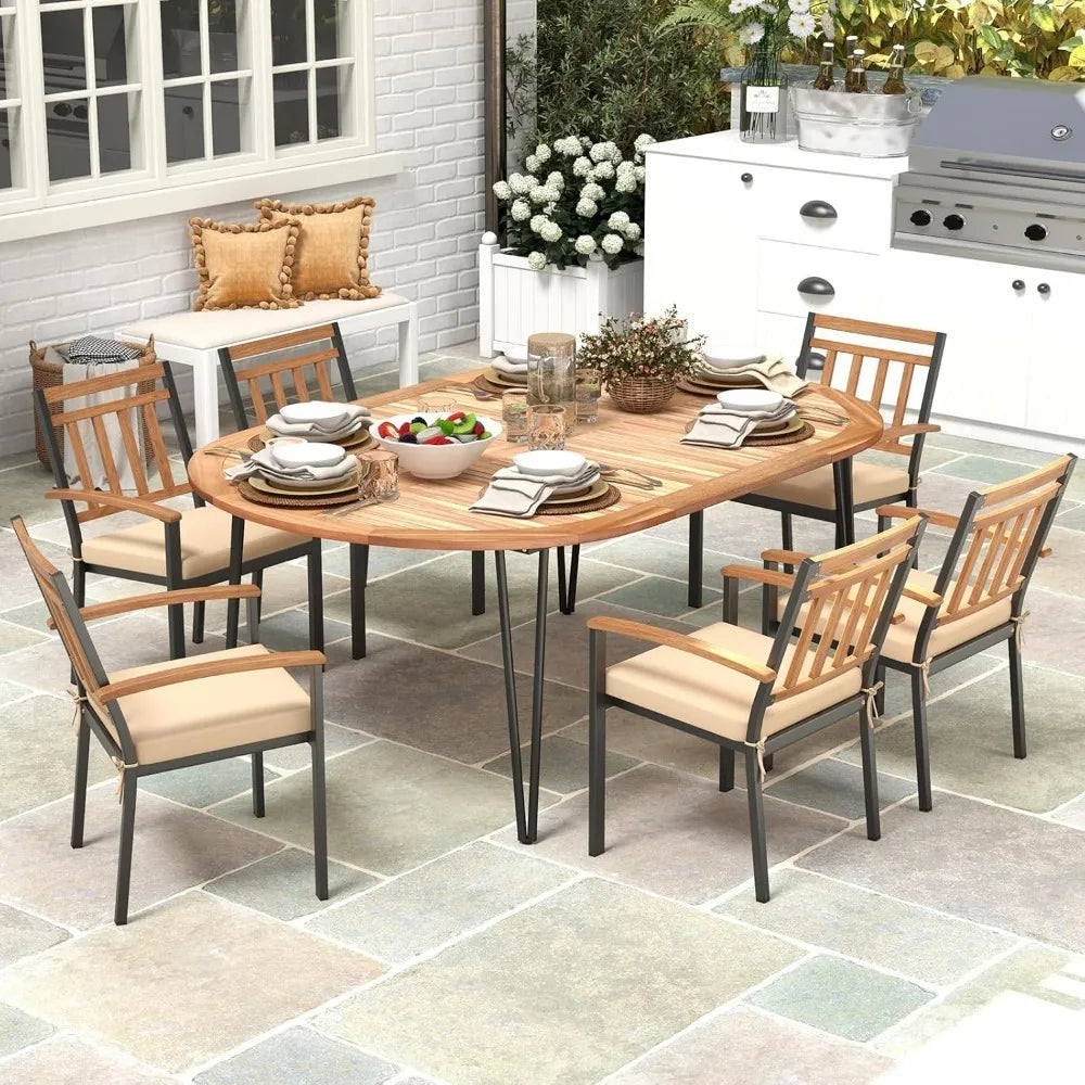 79-Inch Patio Dining Table, Indoor & Outdoor Dining Table w/Umbrella Hole, Acacia Wood Tabletop & Sturdy Metal Legs