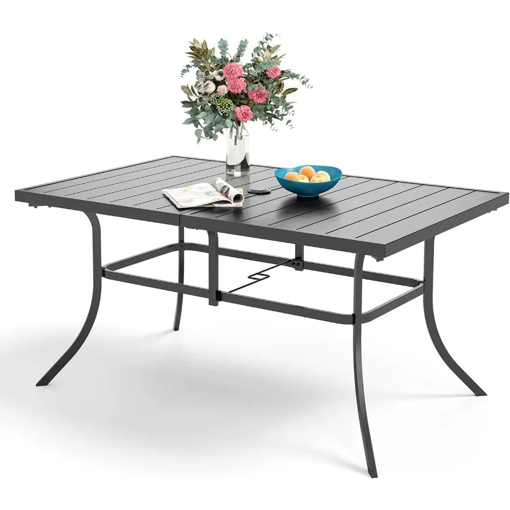 Outdoor Patio Table for 6 People, Rectangular Metal Patio Outdoor Dining Table, Black Steel Slatted Weather-Resistant Table with