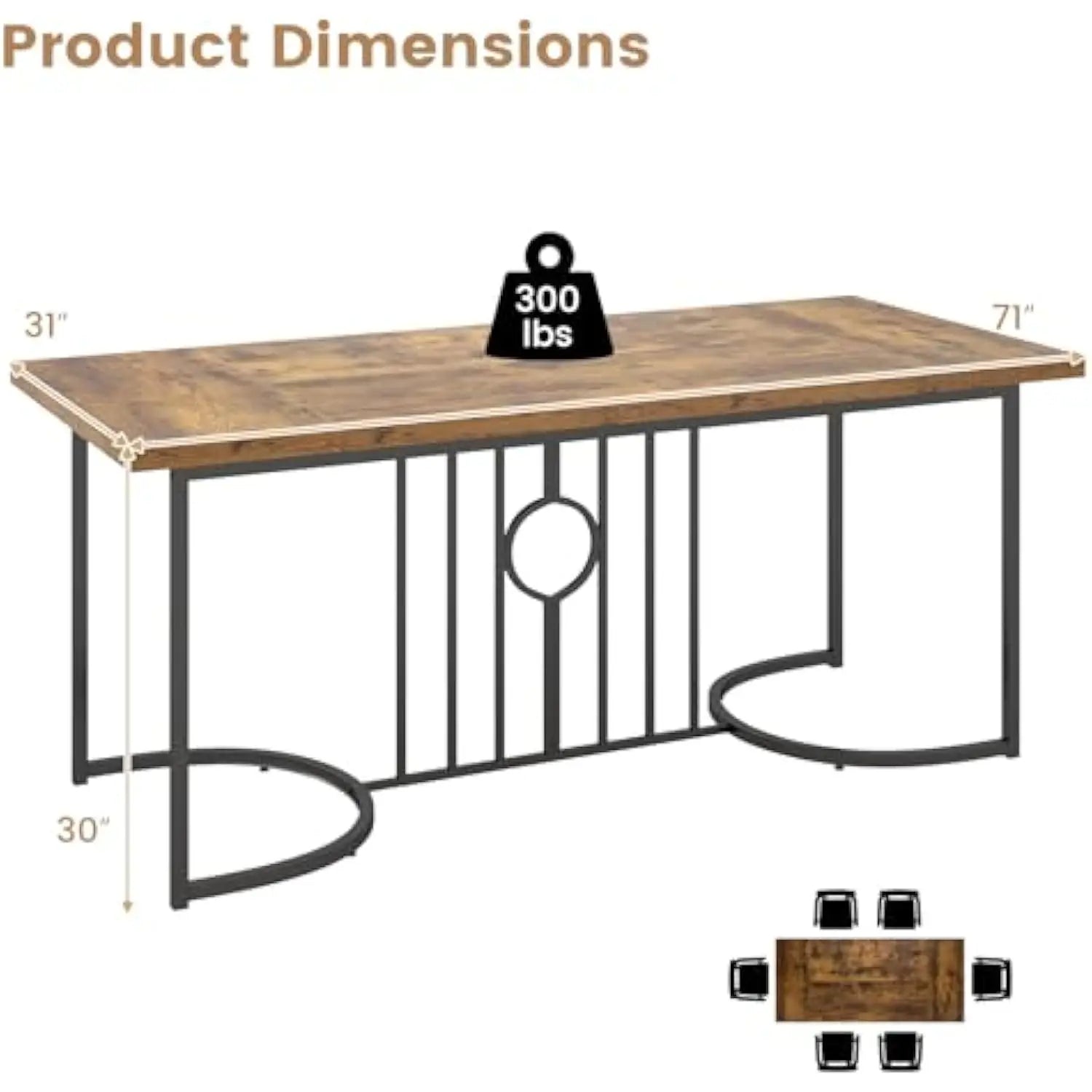 71” Rectangular Dining Table for 6-8 People, Industrial Kitchen Table with Heavy-Duty Metal Frame, Large Dinner Table for Livi