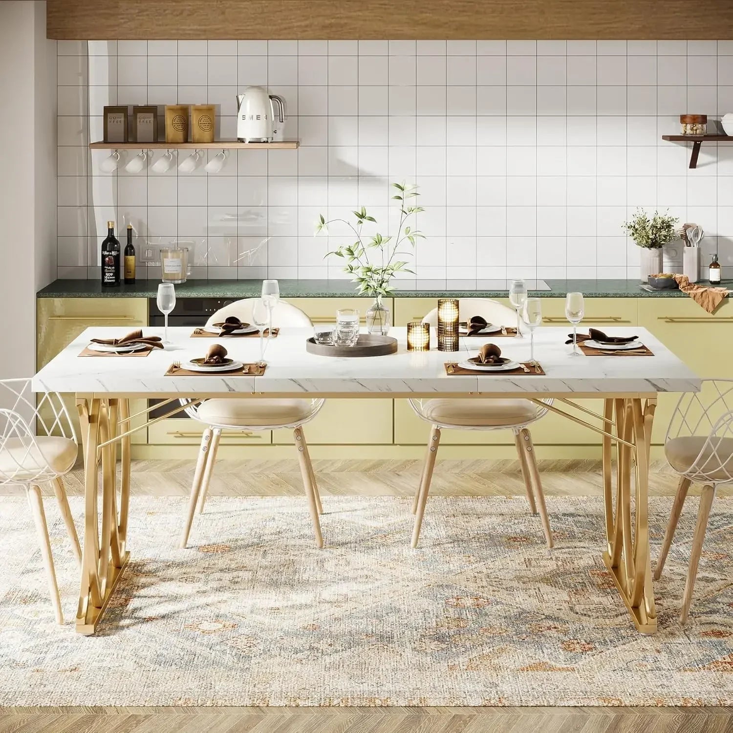 Unique Rectangular Dinner Table Kitchen & Dining Room Furniture with Faux Marble Tabletop and Geometric Legs