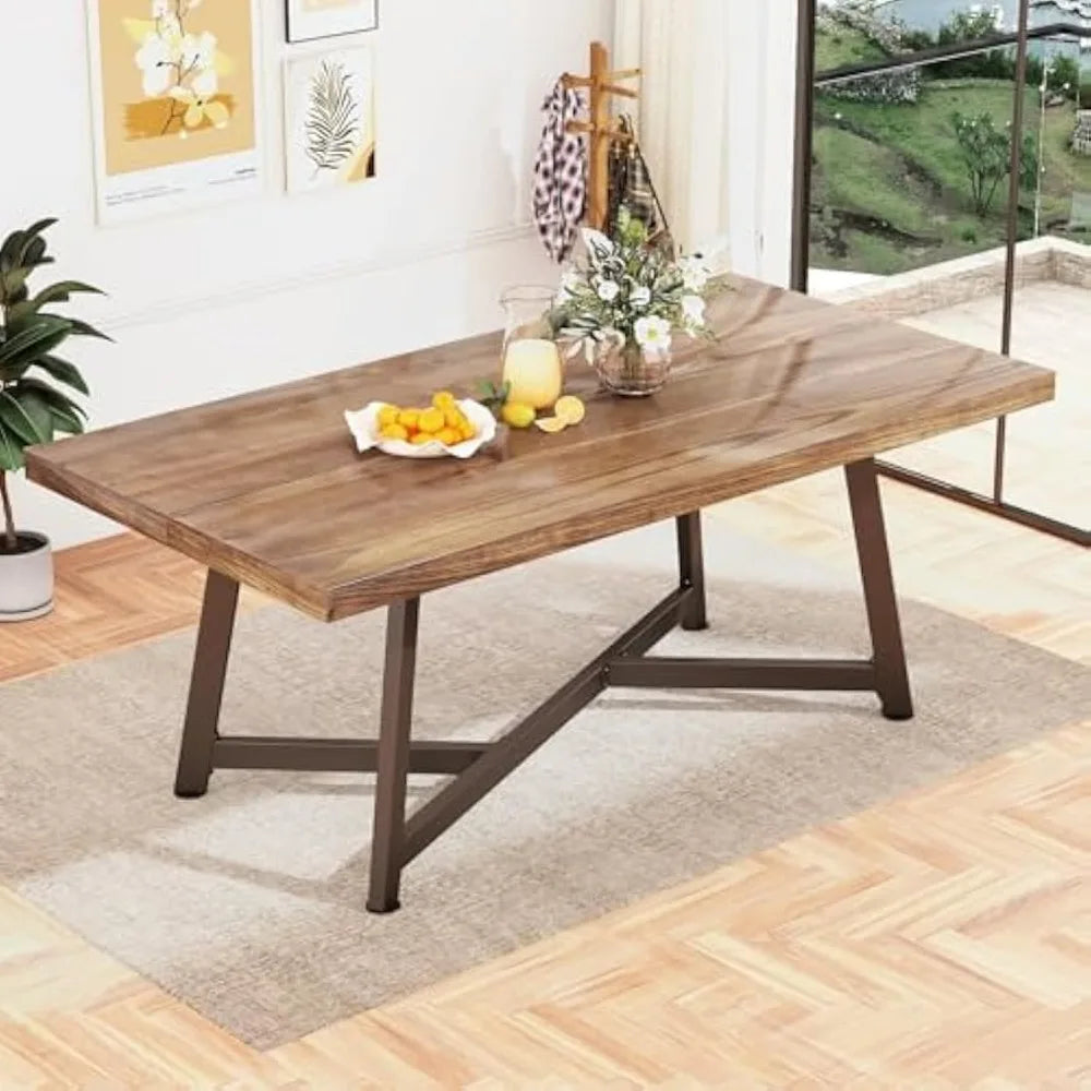 72" Large Solid Wood Dining Table 6FT Waterproof Rectangular Brown Kitchen Dinner Tables w/Adjustable Heavy Duty Metal Leg