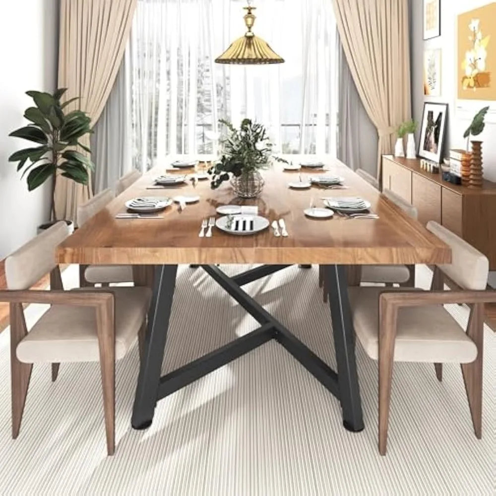 72" Large Solid Wood Dining Table 6FT Waterproof Rectangular Brown Kitchen Dinner Tables w/Adjustable Heavy Duty Metal Leg