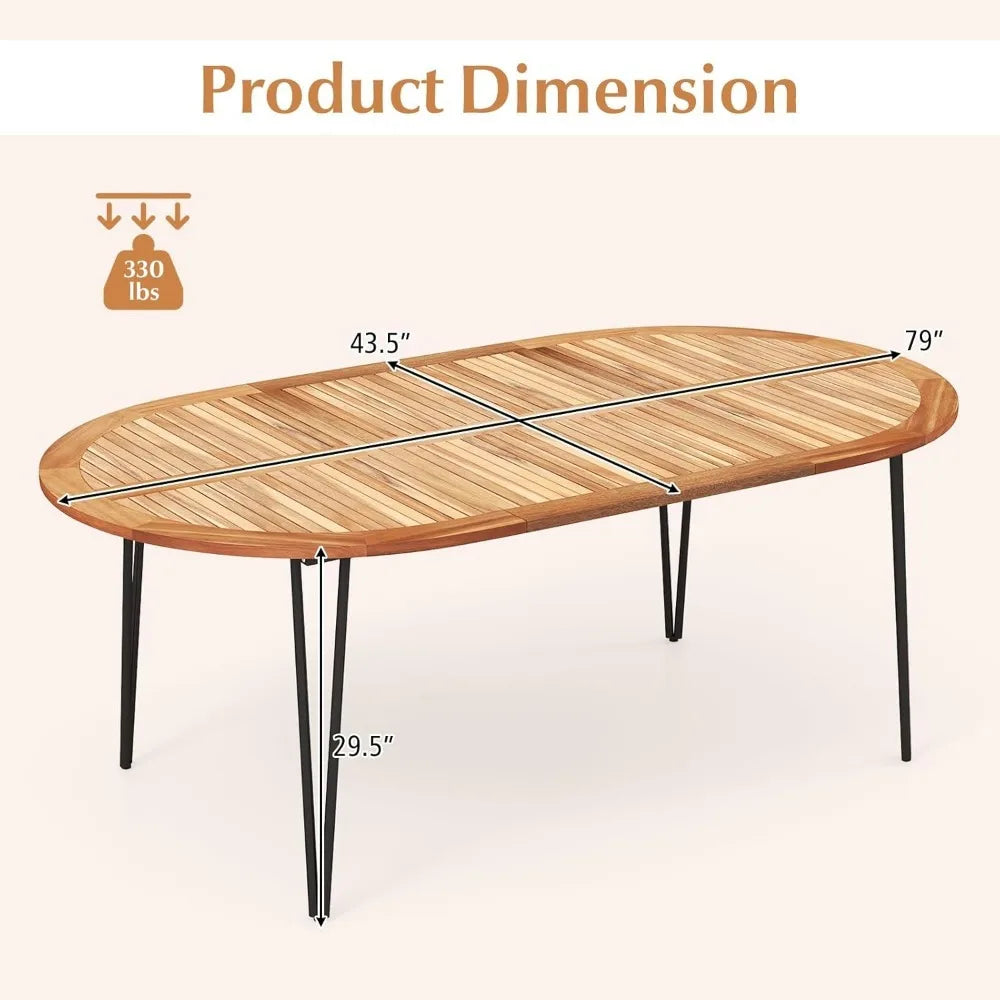 79-Inch Patio Dining Table, Indoor & Outdoor Dining Table w/Umbrella Hole, Acacia Wood Tabletop & Sturdy Metal Legs