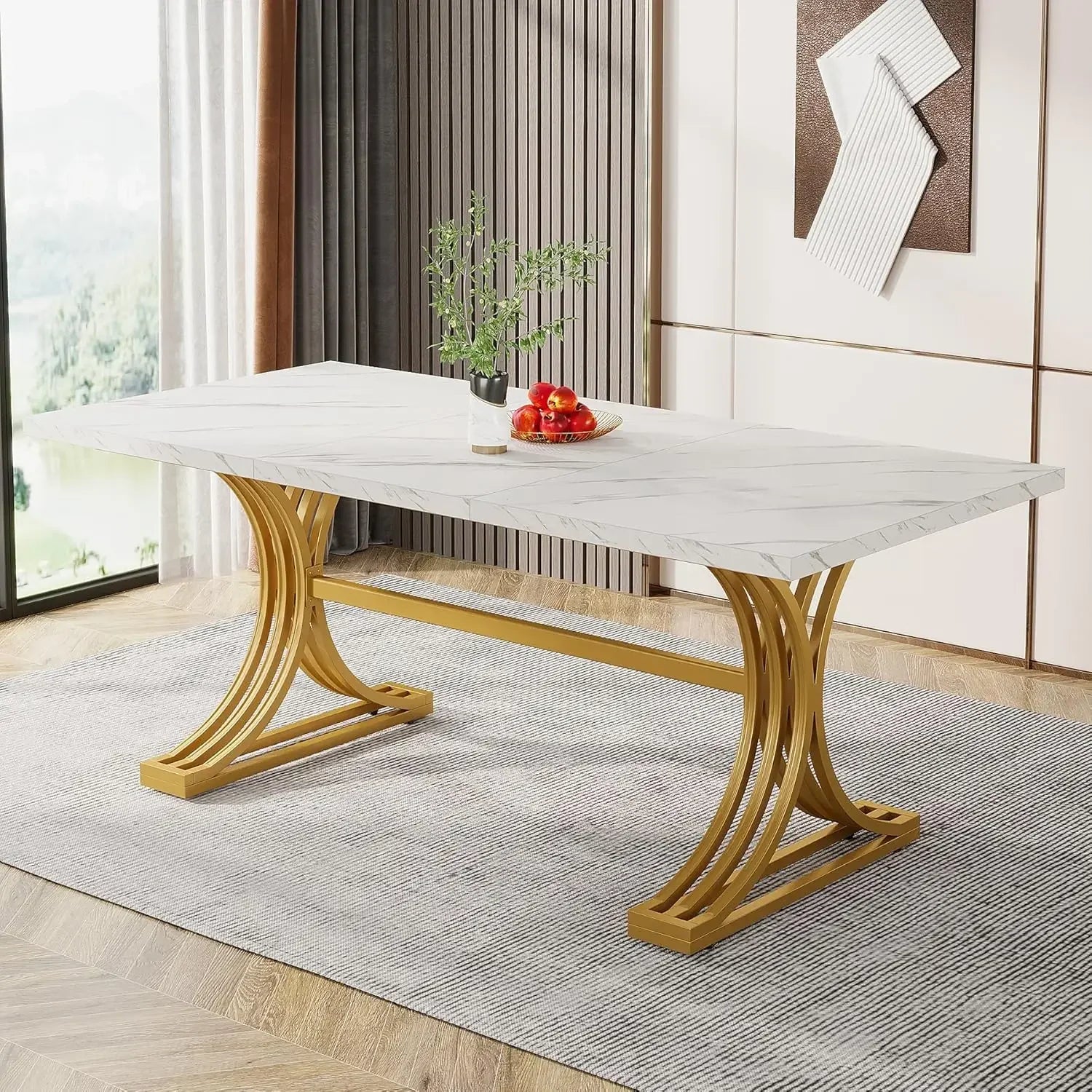 63-Inch Rectangular Dining Table for 4 to 6, Kitchen Tables for Dining Room, Modern Dinner Table with Faux Marble Table Top and