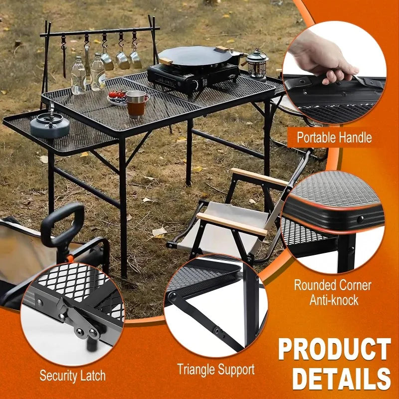 Folding Camping Table, Portable Grill Table, Outdoor Dining Table, Metal Picnic Table for Cooking, BBQ, Beach Party