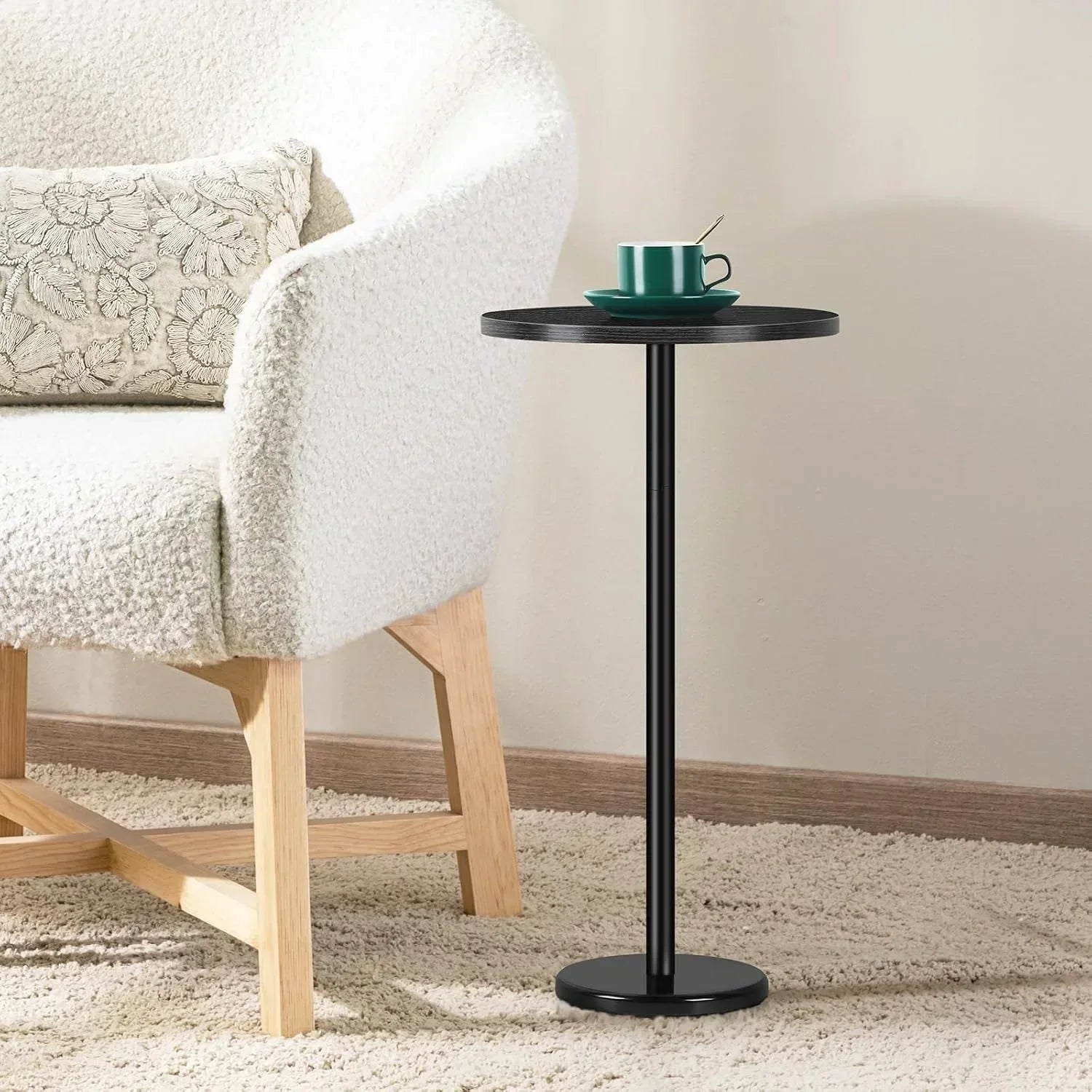 Modern Round Marble Pedestal Side Table - Small Cocktail Table for Patio, Sofa & Chairs - Black Indoor/Outdoor Accent