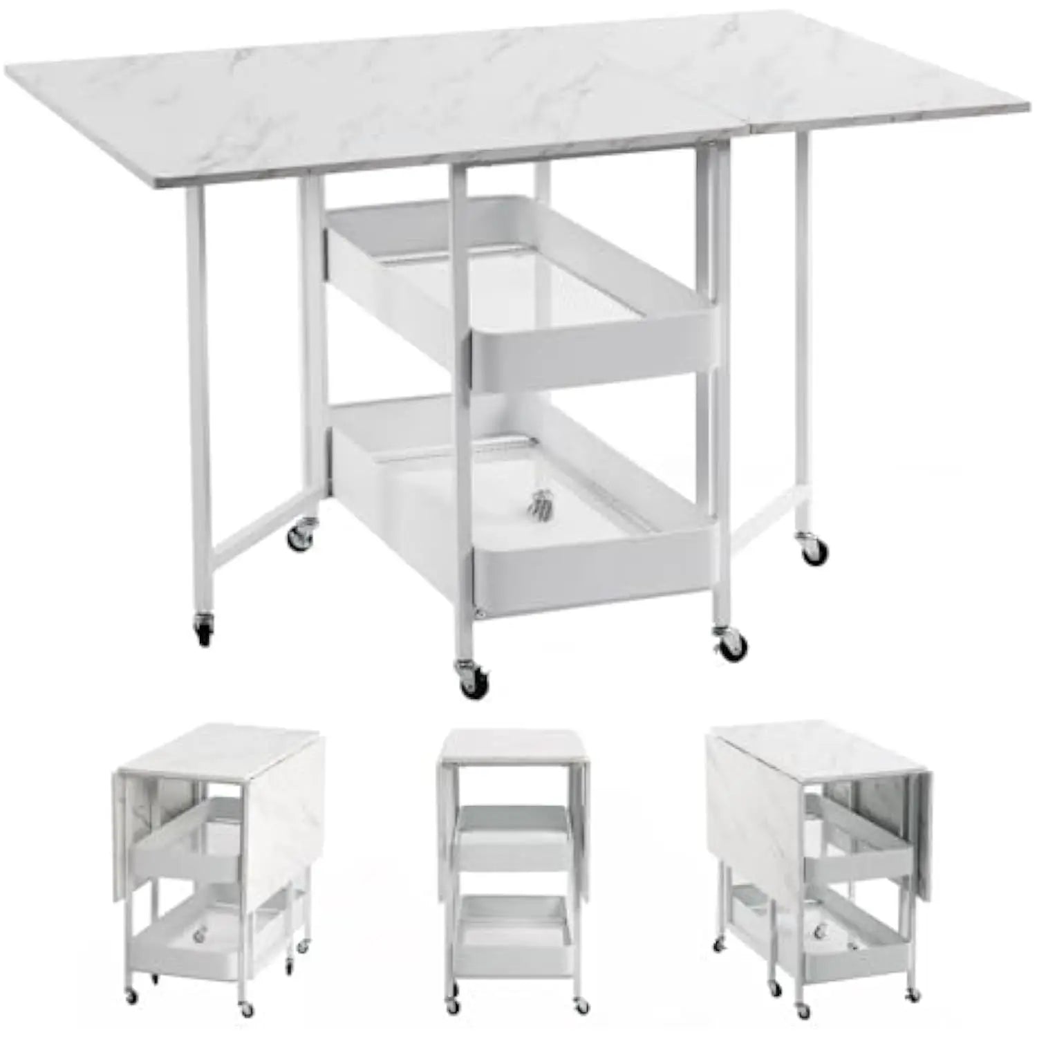 Folding Dining Table - Extendable, Space-Saving, Drop Leaf Design with 6 Wheels, Multipurpose for Small Spaces (White)