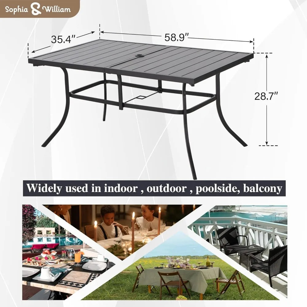 Outdoor Patio Table for 6 People, Rectangular Metal Patio Outdoor Dining Table, Black Steel Slatted Weather-Resistant Table with